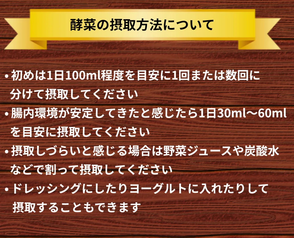 酵菜の摂取方法について。1.初めは1日100ml程度を目安に1回または数回に分けて摂取してください。2.腸内環境が安定してきたと感じたら1日30ml～60mlを目安に摂取してください。3.摂取しづらいと感じる場合は野菜ジュースや炭酸水などで割って摂取してください。4.ドレッシングにしたりヨーグルトに入れたりして摂取することもできます。